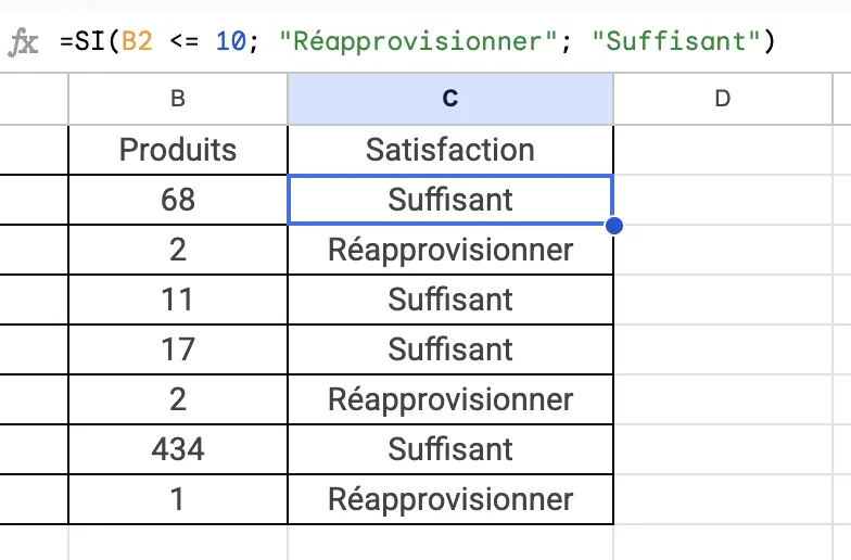exercice google sheets fonction si gestion des stocks