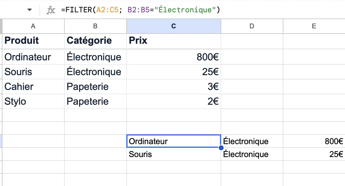 Fonction filter google sheets exemple d'utilisation