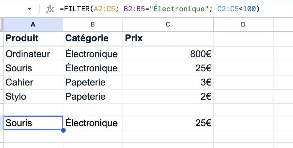 fonction filter google sheets Filtrer par plusieurs critères