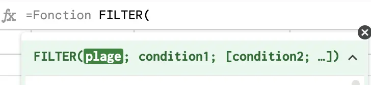 fonction filtrer google sheets syntaxe
