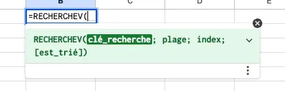 fonction RECHERCHEV google sheets syntaxe