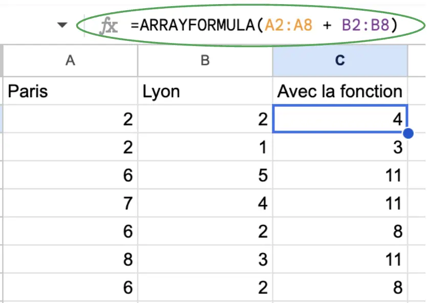 Arrayformula fonction google sheets exemple syntaxe