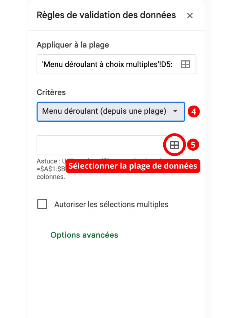 Comment créer une liste déroulante sur Google Sheets (panneau à droite de l'écran)