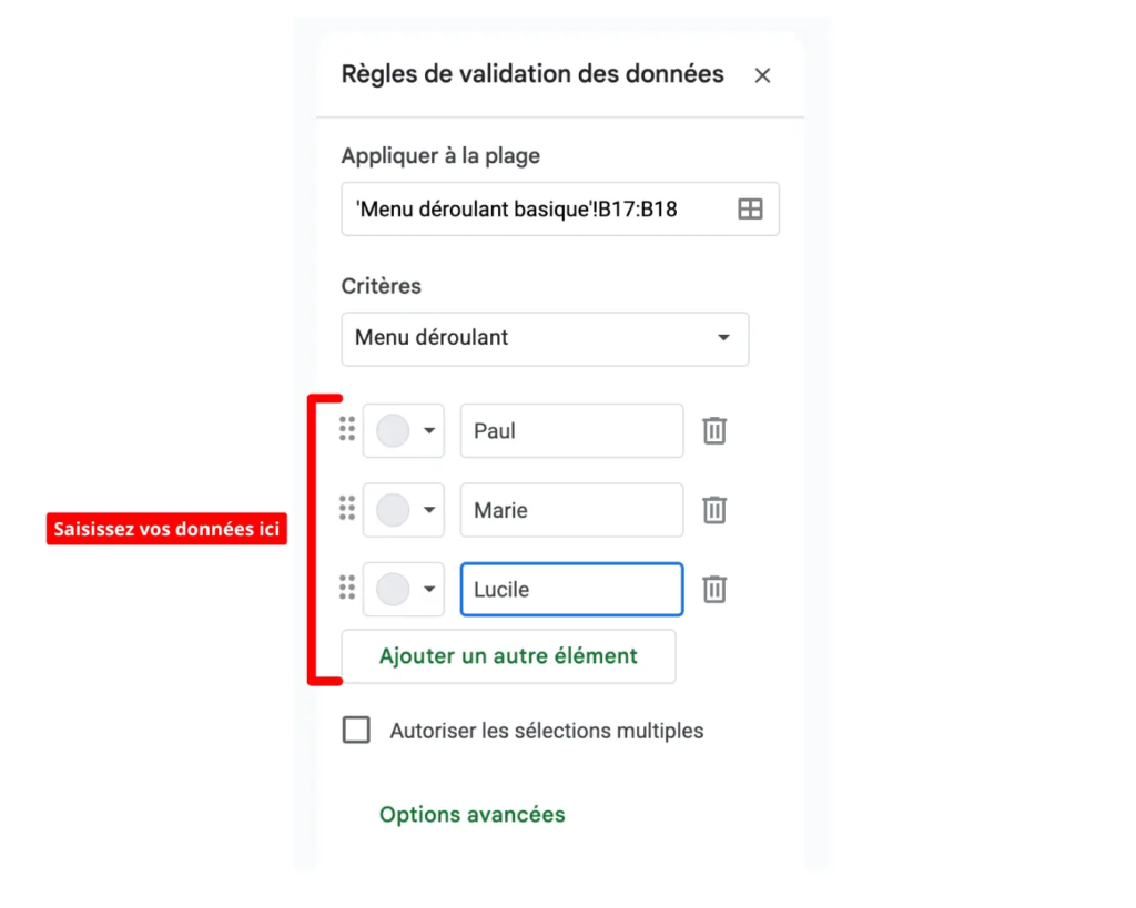 Google Sheets saisie données menu déroulant