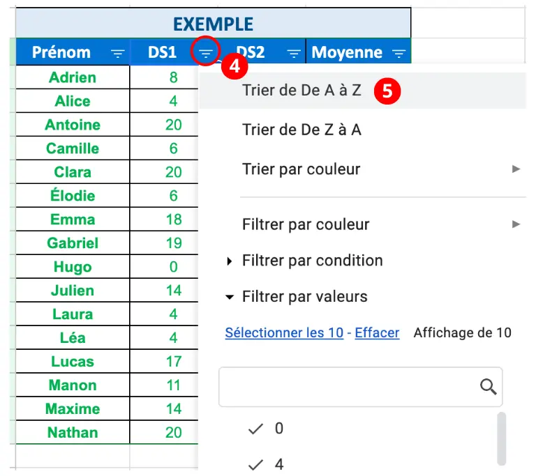Google Sheets trier par ordre croissant