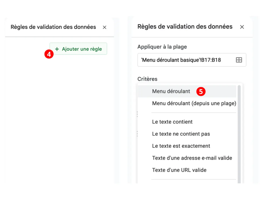Google Sheets volet création d'une liste déroulante