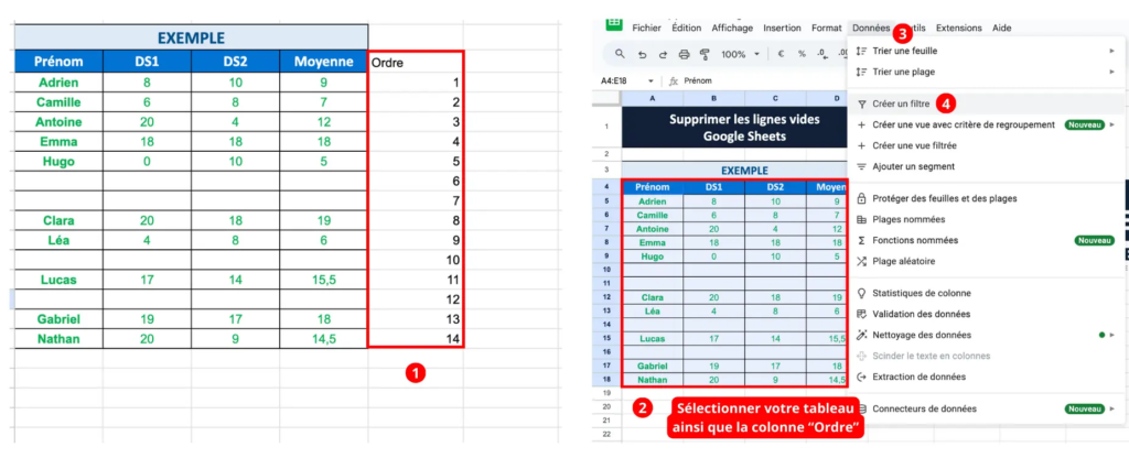 Supprimer les lignes vides d'un tableau Google Sheets