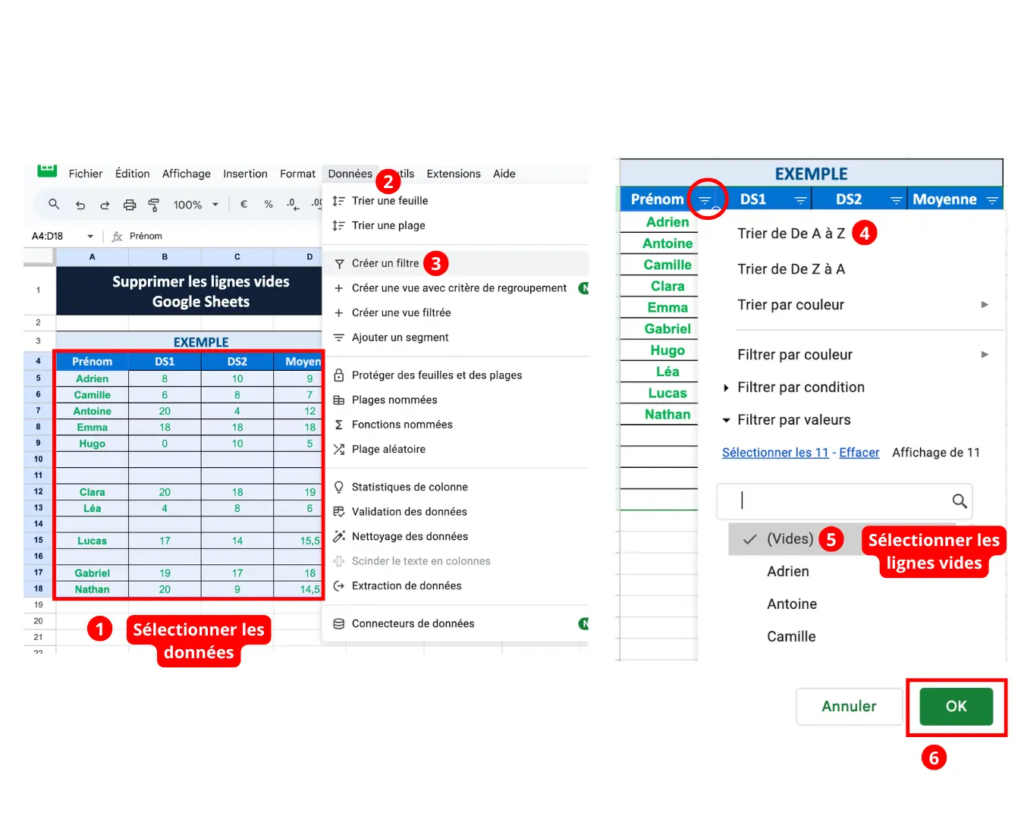 Supprimer les lignes vides d'un tableau Google Sheets