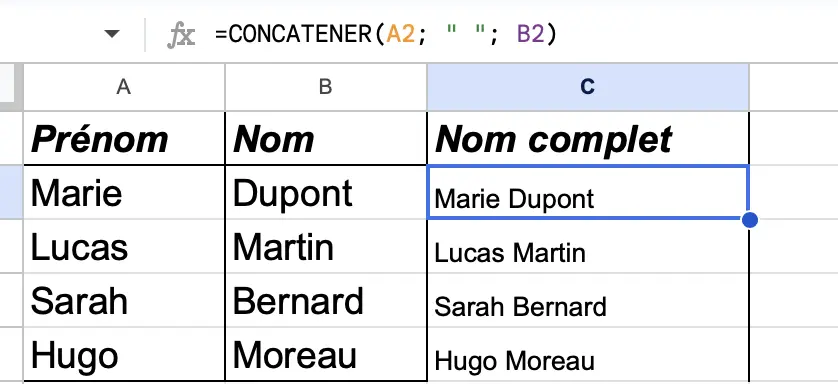 fonction CONCATENER Google Sheets Combiner des prénoms et noms