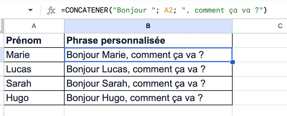 fonction concatener google sheets créer une phrase
