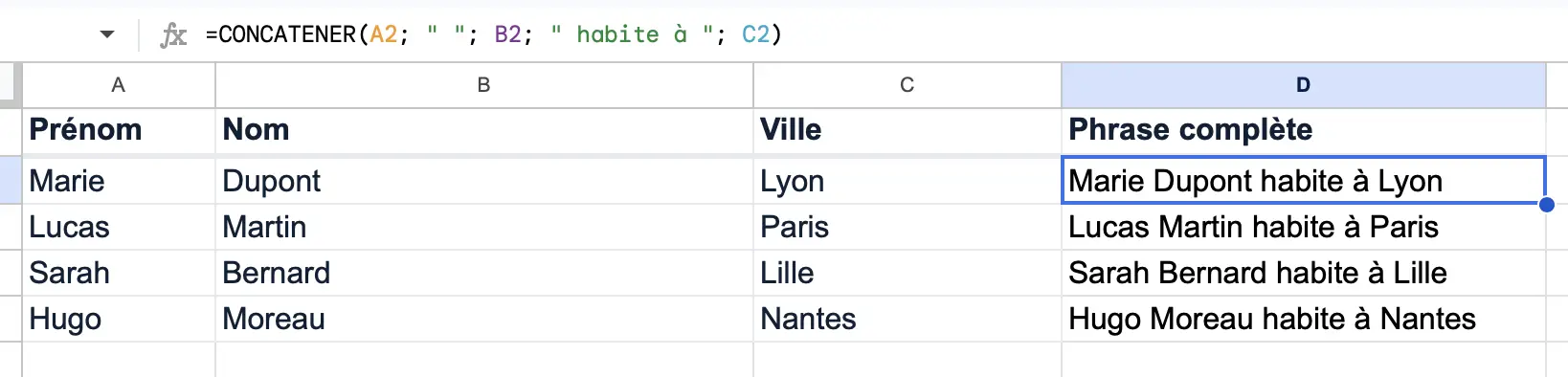 Fonction CONCATENER google sheets Utiliser avec des cellules multiples