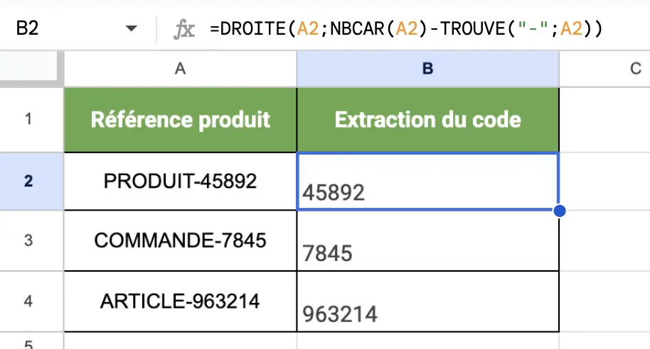 fonction droite google sheets extraire les derniers chiffres