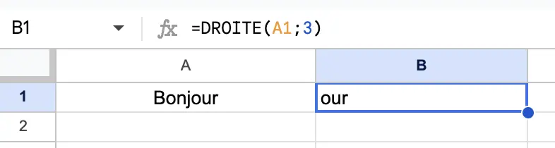 Fonction DROITE Google Sheets raccourcir un mot