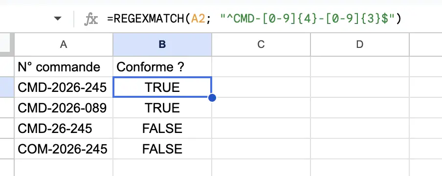 fonction regexmatch fonction google sheets vérifier un numéro de commande