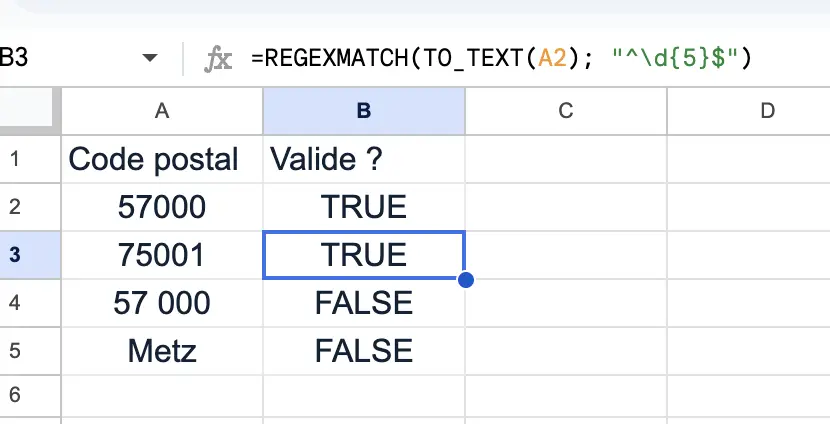 fonction regexmatch google sheets vérifier un code postal français