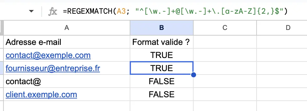 fonction regexmatch google sheets vérifier une adresse e-mail