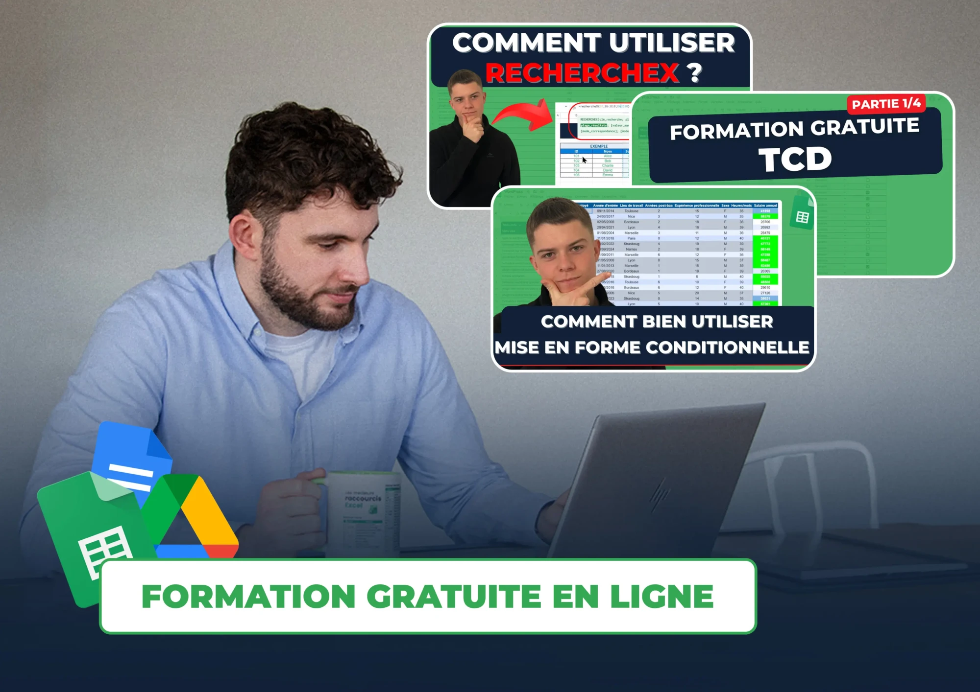 formation gratuite google sheets en ligne - sacha qui se forme a google sheets avec les vidéos youtube de morpheus formation