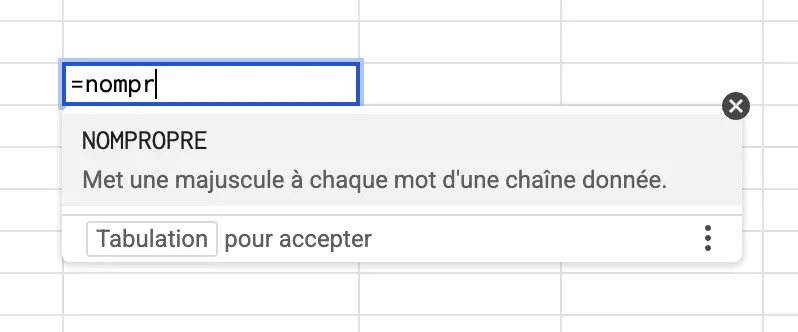 fonction nom propre ecrite dasn google sheets