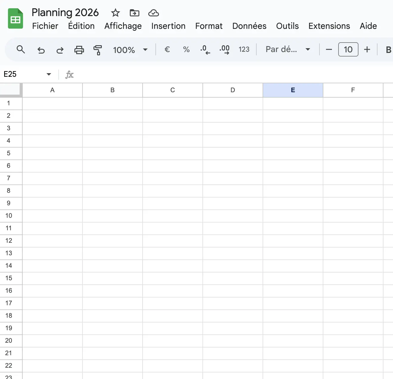 calendrier google sheets feuille vierge