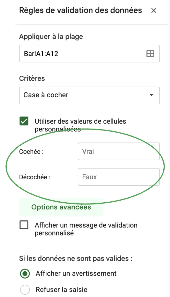comment personnaliser les cases à cocher sur google sheets