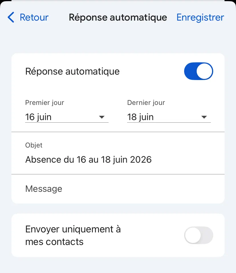 message d'absence Gmail programmer à l'avance