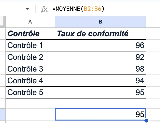 fonction moyenne google sheets calculer le taux moyen de conformité
